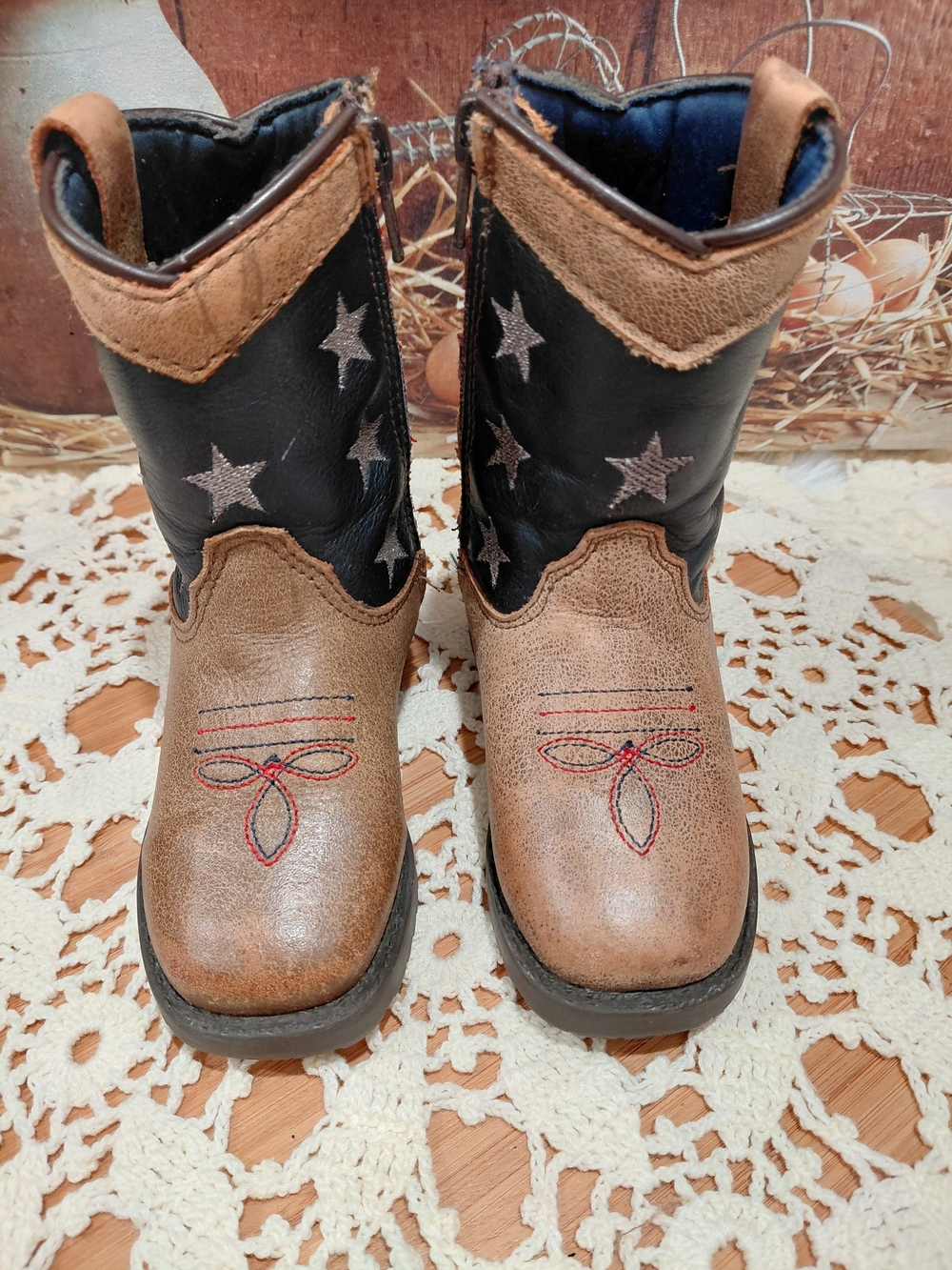 Kids Western Star Embroidered Brown and Navy Cowboy Boots